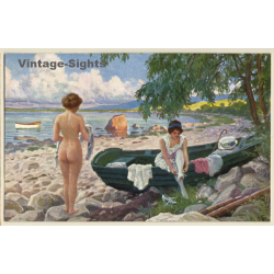 Paul Fischer: Surfbathing*3 / Nudes On Seashore (Vintage PC ~1910s/1920s)