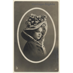 Nice Portrait Of Young Girl With Fancy Flower Hat (Vintage Hand Tinted RPPC 1910s)