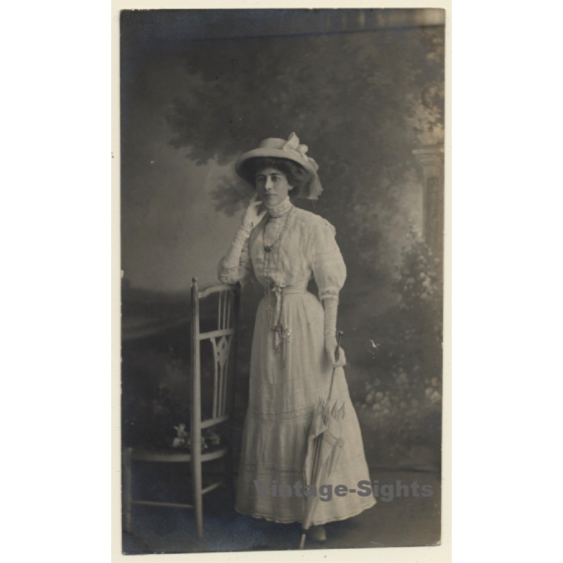 Victorian Upper Society Lady In White Costume / Parasol (Vintage RPPC 1908)