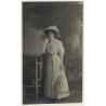 Victorian Upper Society Lady In White Costume / Parasol (Vintage RPPC 1908)