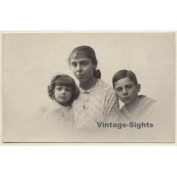 Portrait Of 3 Siblings - 2 Sisters & Brother (Vintage RPPC 1910s)