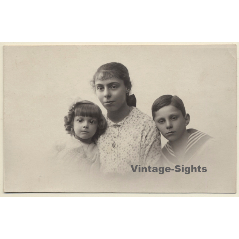 Portrait Of 3 Siblings - 2 Sisters & Brother (Vintage RPPC 1910s)