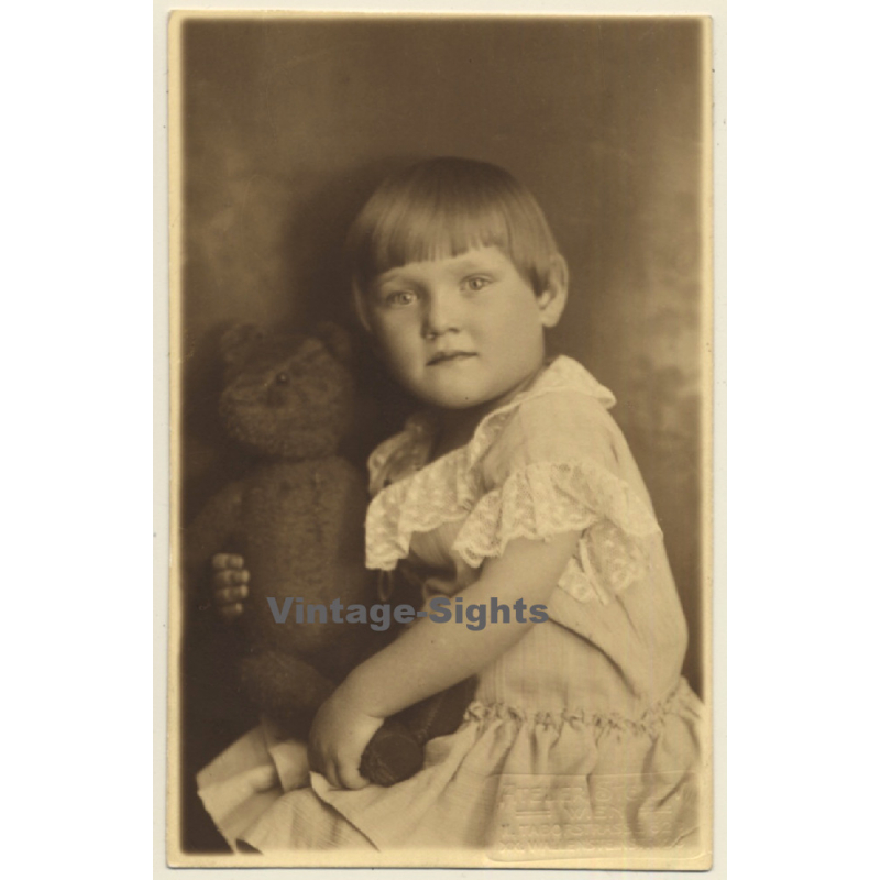 Little Girl Holds Her Teddy Bear/ Haircut (Vintage RPPC 1910s/1920s)