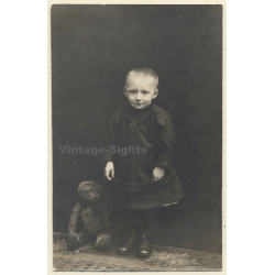 Sweet Baby Girl Standing Beside Her Teddy Bear (Vintage RPPC 1910s/1920s)