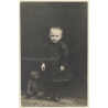 Sweet Baby Girl Standing Beside Her Teddy Bear (Vintage RPPC 1910s/1920s)