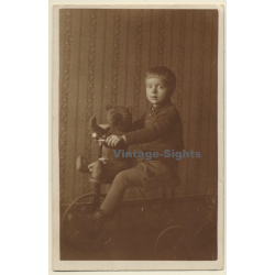 Little Boy & Teddy Bear On Tricycle (Vintage RPPC 1910s/1920s)