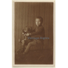 Little Boy & Teddy Bear On Tricycle (Vintage RPPC 1910s/1920s)