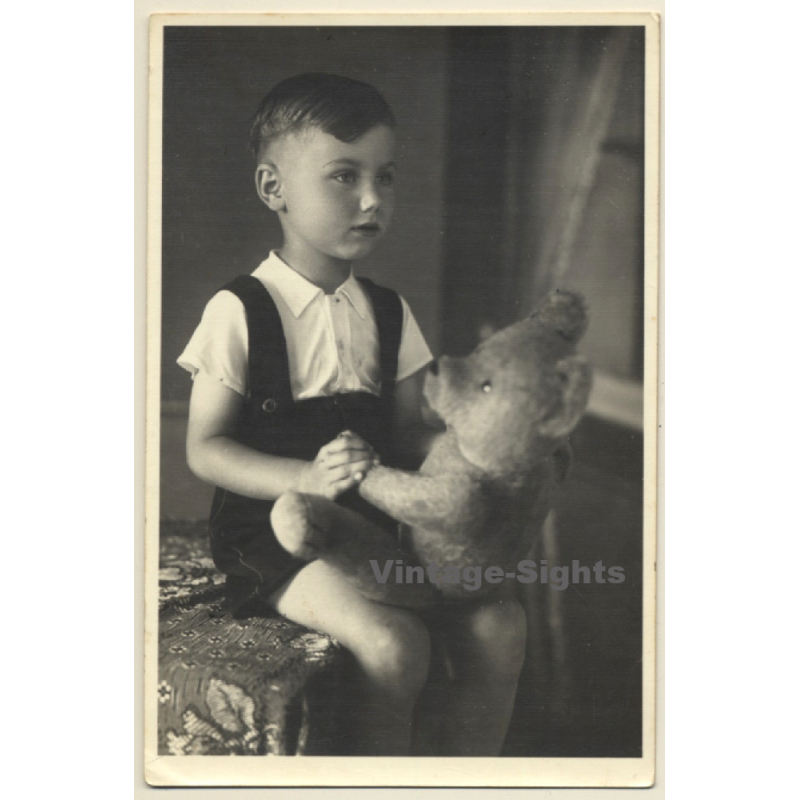 Little German Boy & His Teddy Bear (Vintage RPPC 1947)