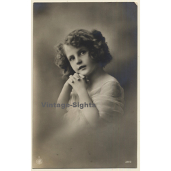 Portrait Of Pensive Brunette Girl In White Dress (Vintage RPPC 1916)