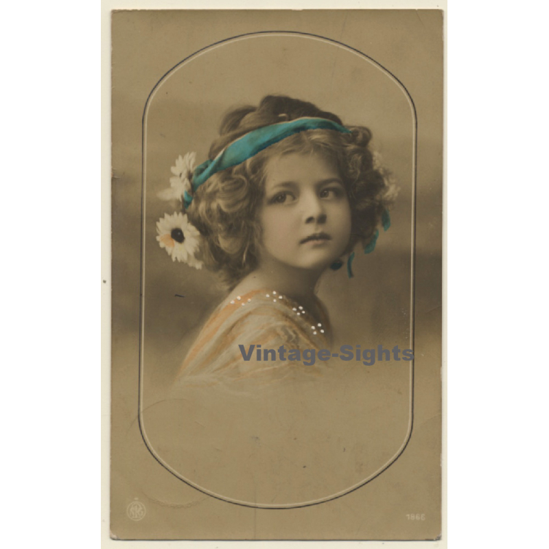 Pretty Little Girl With Flowers In Her Hair (Vintage Hand Colored RPPC 1911)