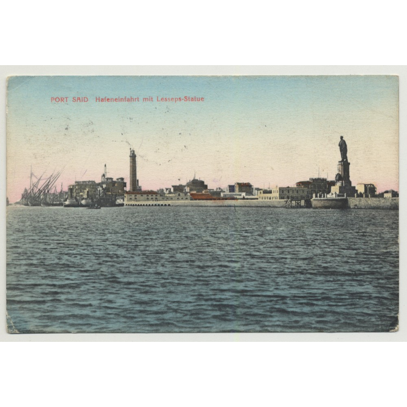 Port Said / Egypt: Harbour Entrance / Lesseps Statue (Vintage PC B/W)