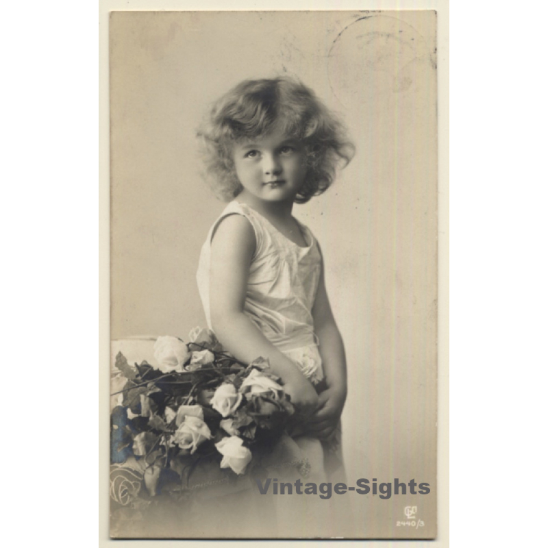 Little Blonde Girl With Bunch Of Flowers (Vintage RPPC 1910)