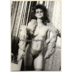 Cheeky Semi Nude With Glasses & Feather Boa (Vintage Photo GDR ~1980s)