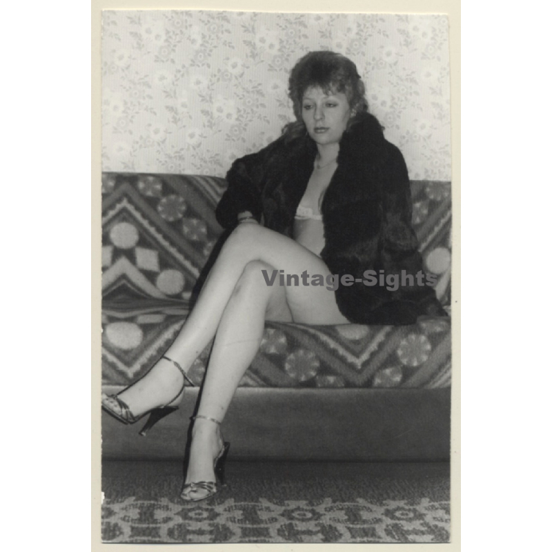 Shorthaired Semi Nude In Lingerie & Fur Coat / Wallpaper (Vintage Photo GDR ~1980s)