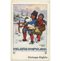 W. Braun / Wien: Boy & Girl Carrying Goose In Snow (Vintage PC 1910s)