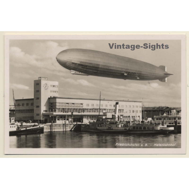 Friedrichshafen / Germany: Luftschiff Graf Zeppelin - Hafenbahnhof (Vintage RPPC ~1930s)