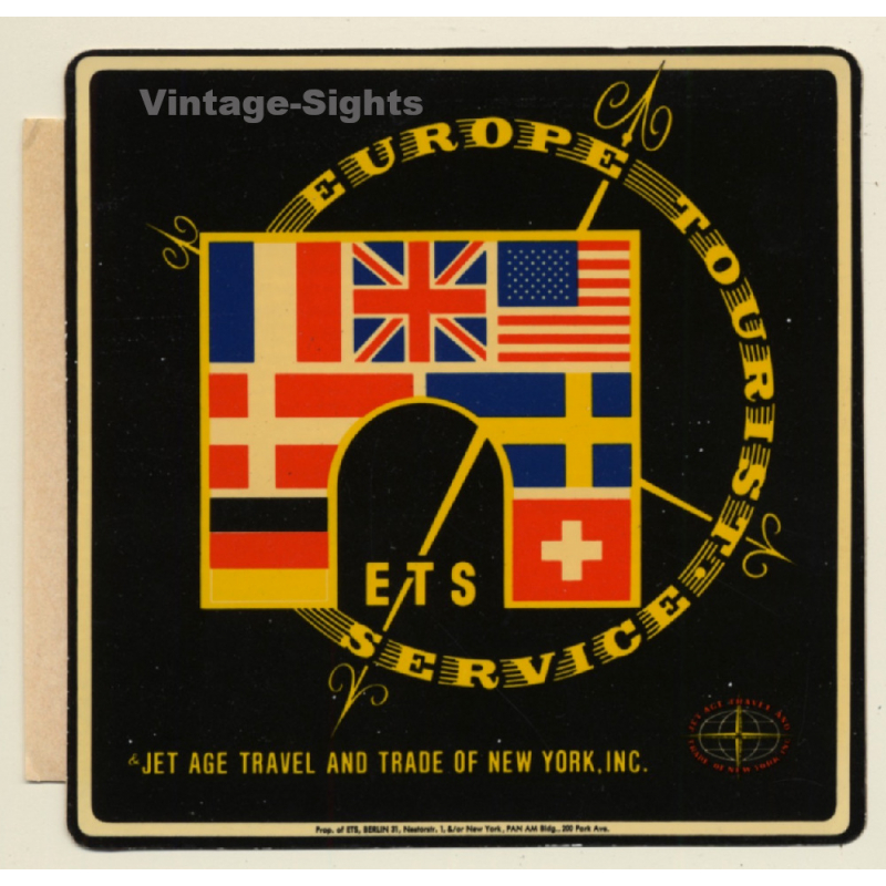 ETS Europe Tourist Service - Jet Age Travel New York (Vintage Self Adhesive Luggage Label / Sticker)