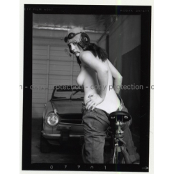 Semi Nude Female Biker In Front Of Triumph TR6 (Vintage Contact Sheet Photo 1970s)