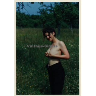 Topless Darkhaired Semi Nude Holds Breasts Outdoors (Vintage Photo ~1990s)
