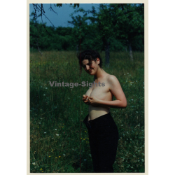 Topless Darkhaired Semi Nude Holds Breasts Outdoors (Vintage Photo ~1990s)