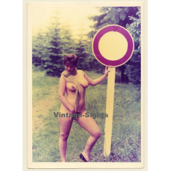 Cheeky Nude Female Holds On To Traffic Sign (Vintage Photo GDR ~1980s)
