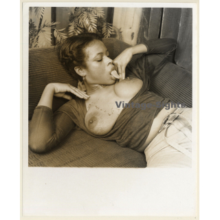 Erotic Study: Topless Dark-Skinned Woman On Couch / Tongue (Vintage Photo KORENJAK 1970s/1980s)