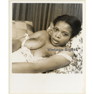 Erotic Study By T.Liori: Topless Dark-Skinned Woman Looks At Camera (Vintage Photo KORENJAK 1970s/1980s)