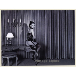 Erotic Study: Slim Brunette In Bodice Sitting On Baroque Table (Digital Photo Print 2000s)