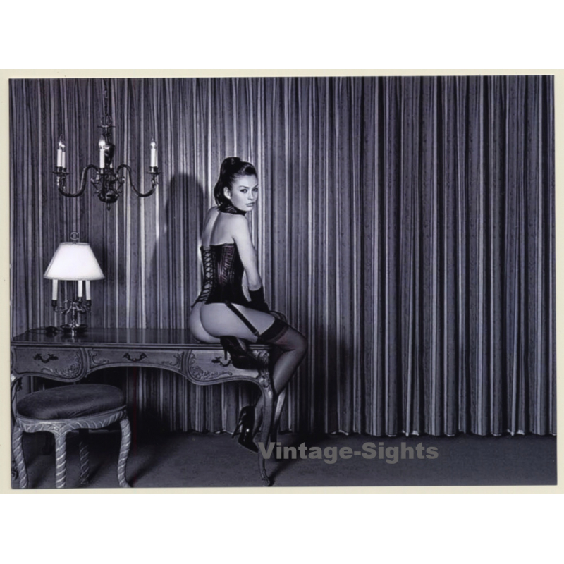 Erotic Study: Slim Brunette In Bodice Sitting On Baroque Table (Digital Photo Print 2000s) Erotic Study: Slim Brunette In Bodice Sitting On Baroque Table (Digital Photo Print 2000s)