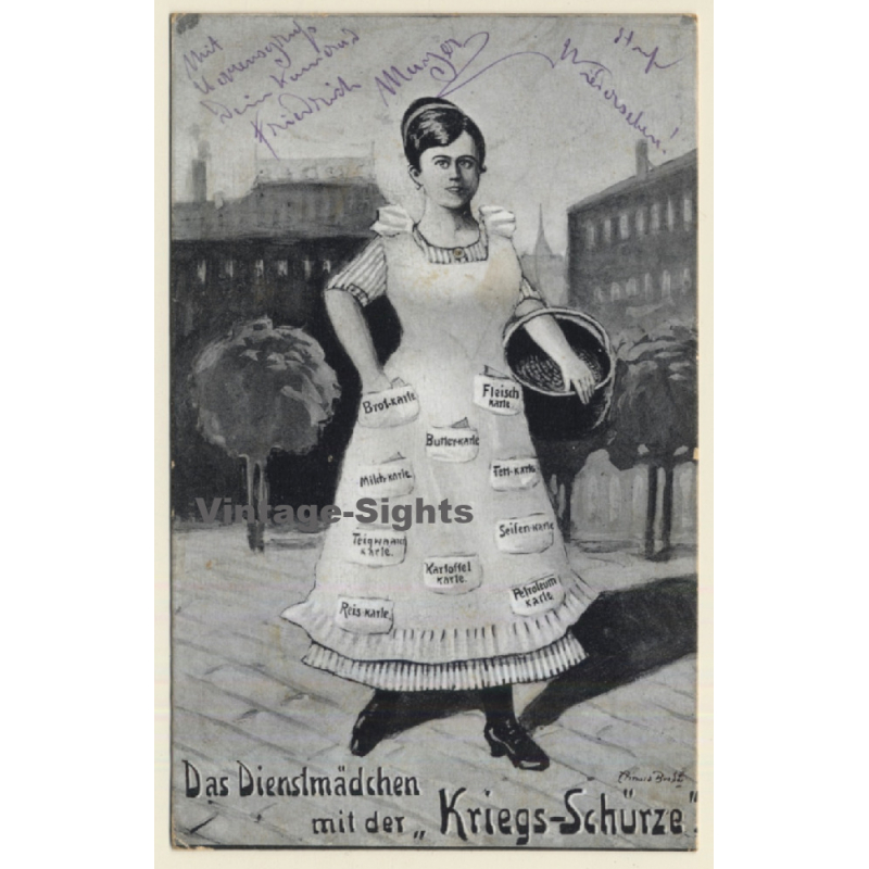 Dienstmädchen Mit Der Kriegsschürze / Brotkarte (Vintage PC 1916)