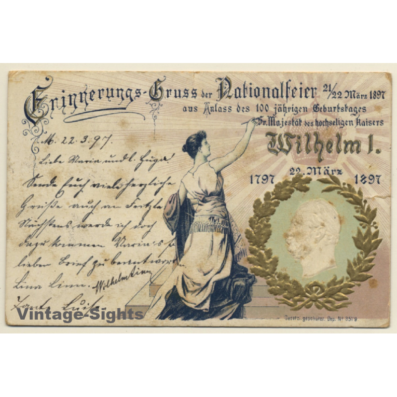 Erinnerungs Gruss Nationalfeier Wilhelm I. (Vintage Relief PC 1897)