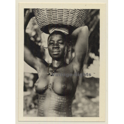 Africa: Nude Native Female Head-Carrying / Tribal Scars (Vintage Photo Print)