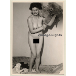 Mature Darkhaired Nude Plays With Teddy Bear *1 (Vintage RPPC 1950s/1960s)