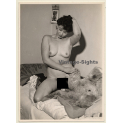 Mature Darkhaired Nude Plays With Teddy Bear *2 (Vintage RPPC 1950s/1960s)