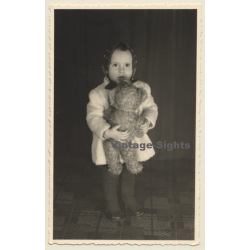 Little Baby Girl Holds Her Teddy Bear / Headscarf (Vintage RPPC ~1940s)