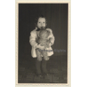 Little Baby Girl Holds Her Teddy Bear / Headscarf (Vintage RPPC ~1940s)
