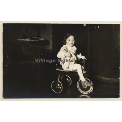 Sulky Little Girl On Tricycle / Teddy Bear (Vintage RPPC 1930)
