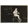 Sulky Little Girl On Tricycle / Teddy Bear (Vintage RPPC 1930)