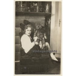 Cheeky Blonde Woman In Marine Dress / Teddy Bear (Vintage RPPC 1930s)