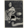 Darkhaired Semi Nude On Meadow / Striped Dress (Vintage Photo ~1950s/1960s)