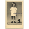 Sweet Baby Girl With Black Teddy Bear (Vintage RPPC 1947)
