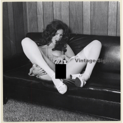 Erotic Study: Lascivious Semi Nude On Leather Couch*1 / Pearl Necklace - Nylons (Vintage Photo KORENJAK 1970s/1980s)