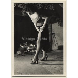 Brunette Female Undressing In Front Of Fire Place*1 / Fishnets (Vintage Photo ~1940s/1950s)