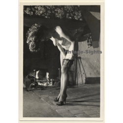 Brunette Female Undressing In Front Of Fire Place*3 / Nude - Nylons (Vintage Photo ~1940s/1950s)