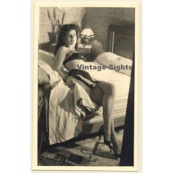 Semi Nude Female On Edge Of Bed / Lingerie - Suspenders (Vintage Photo France ~1940s/1950s)