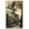 Semi Nude Female On Edge Of Bed / Lipstick - Suspenders (Vintage Photo France ~1940s/1950s)