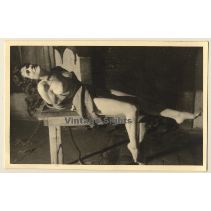 Busty Topless Maid Hands Tied Behind Back / Bondage - BDSM (Vintage Photo France ~1940s/1950s)