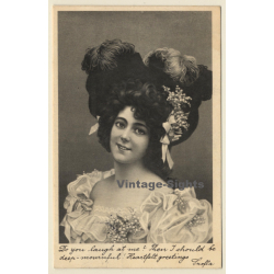 Portrait Of Lady With Crazy Hairstyle / Feathers - Flowers (Vintage PC 1904)