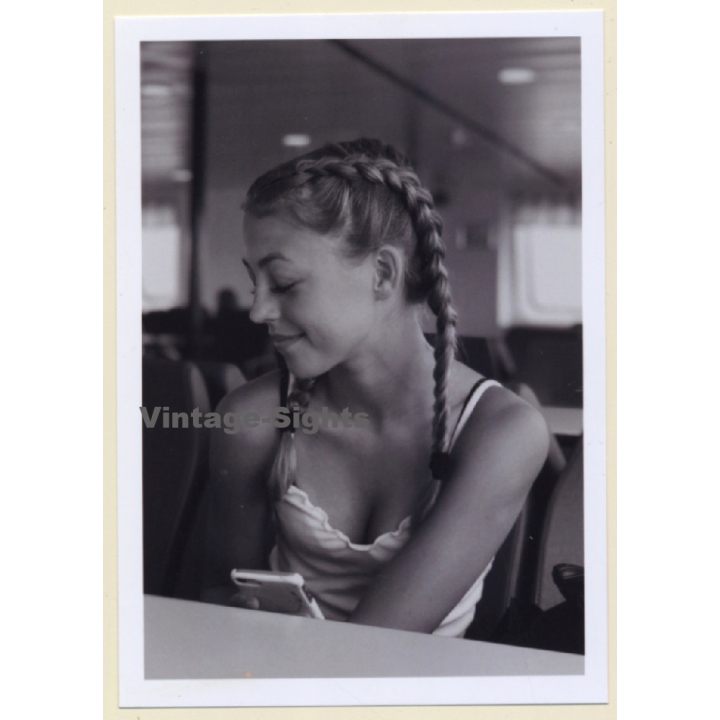 Erotic Study: Pretty Blonde With Pigtails In Tank Top (B/W Photo ~2000s)