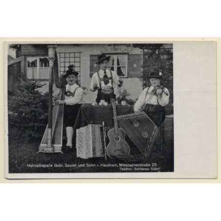 Hausham: Heimatkapelle Gebrüder Saurer & Sohn / Zither - Harp (Vintage RPPC ~1930s)
